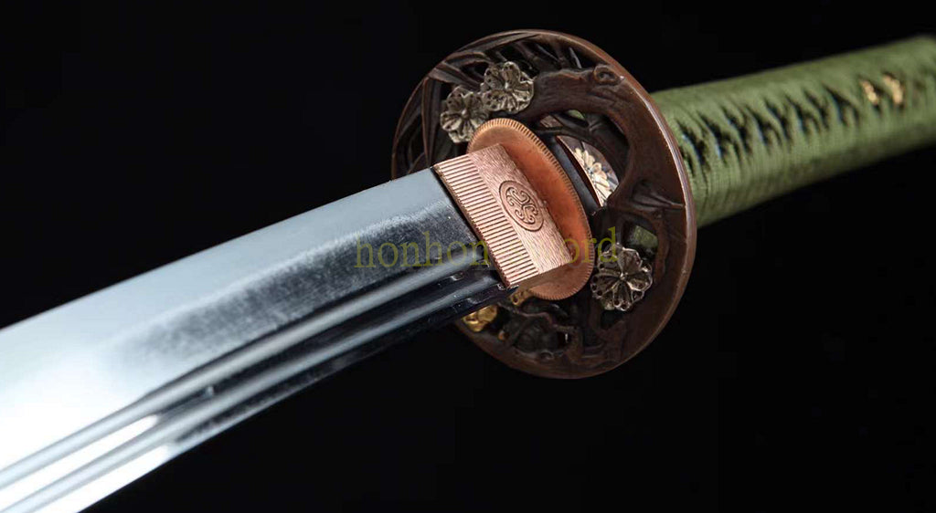 Hand Polishing Tamahagane Clay Tempered Katana Japanese Samurai Sword Double Bo Hi Battle Ready Green