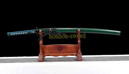 T10 Steel Clay Tempered Katana Real Hamon KAMASU-Kissaki Japanese Samurai Sword Battle Ready Green