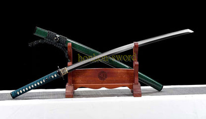 T10 Steel Clay Tempered Katana Real Hamon KAMASU-Kissaki Japanese Samurai Sword Battle Ready Green