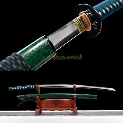 T10 Steel Clay Tempered Katana Real Hamon KAMASU-Kissaki Japanese Samurai Sword Battle Ready Green