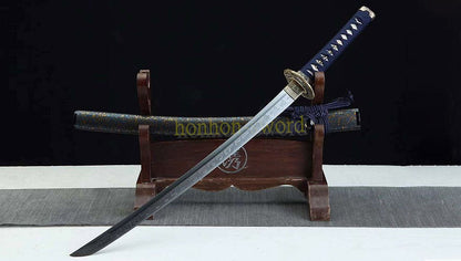 1095 Kohlenstoffstahl Katana Blaue Klinge Japanisches Samurai-Schwert Full Tang Schwarz 