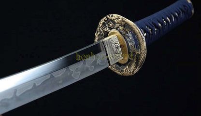 1095 Kohlenstoffstahl Katana Blaue Klinge Japanisches Samurai-Schwert Full Tang Schwarz 
