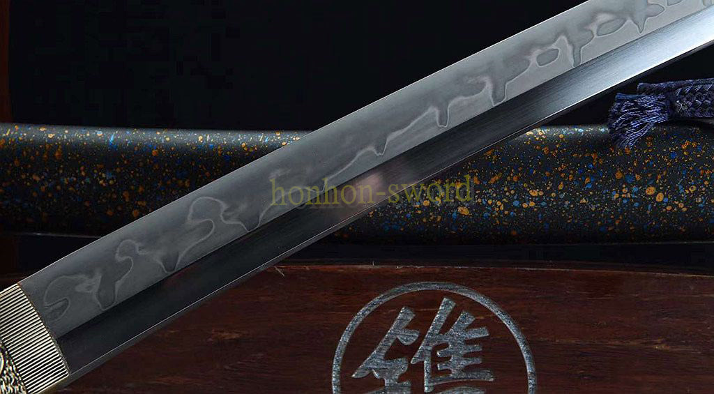 1095 Kohlenstoffstahl Katana Blaue Klinge Japanisches Samurai-Schwert Full Tang Schwarz 