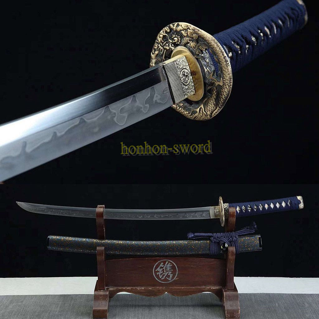 1095 Kohlenstoffstahl Katana Blaue Klinge Japanisches Samurai-Schwert Full Tang Schwarz 