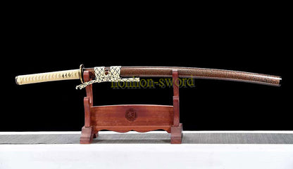 T10 Steel Clay Tempered Katana Real Hamon Japanese Samurai Sword Battle Ready Brown