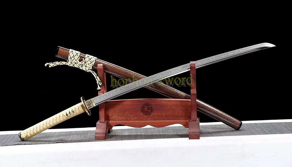 T10 Steel Clay Tempered Katana Real Hamon Japanese Samurai Sword Battle Ready Brown