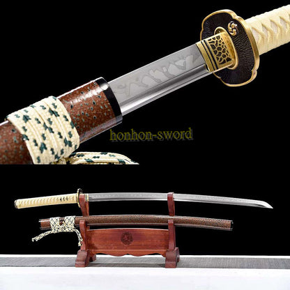 T10 Steel Clay Tempered Katana Real Hamon Japanese Samurai Sword Battle Ready Brown