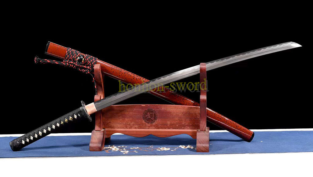 Wootz Steel Clay Tempered Katana Japanese Samurai Sword Battle Ready Red