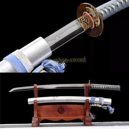 T10 Steel Clay Tempered Wakizashi Hadori Polishing Japanese Samurai Sword for Battle Grey