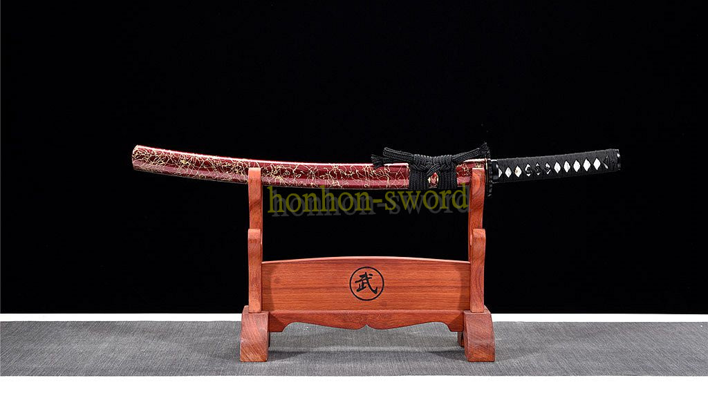 T10 Steel Clay Tempered Wakizashi Japanese Samurai Sword for Battle with Bo-hi Red