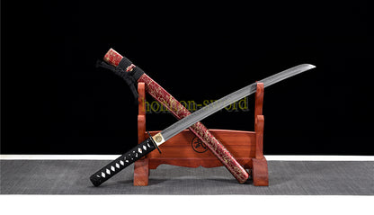 T10 Steel Clay Tempered Wakizashi Japanese Samurai Sword for Battle with Bo-hi Red