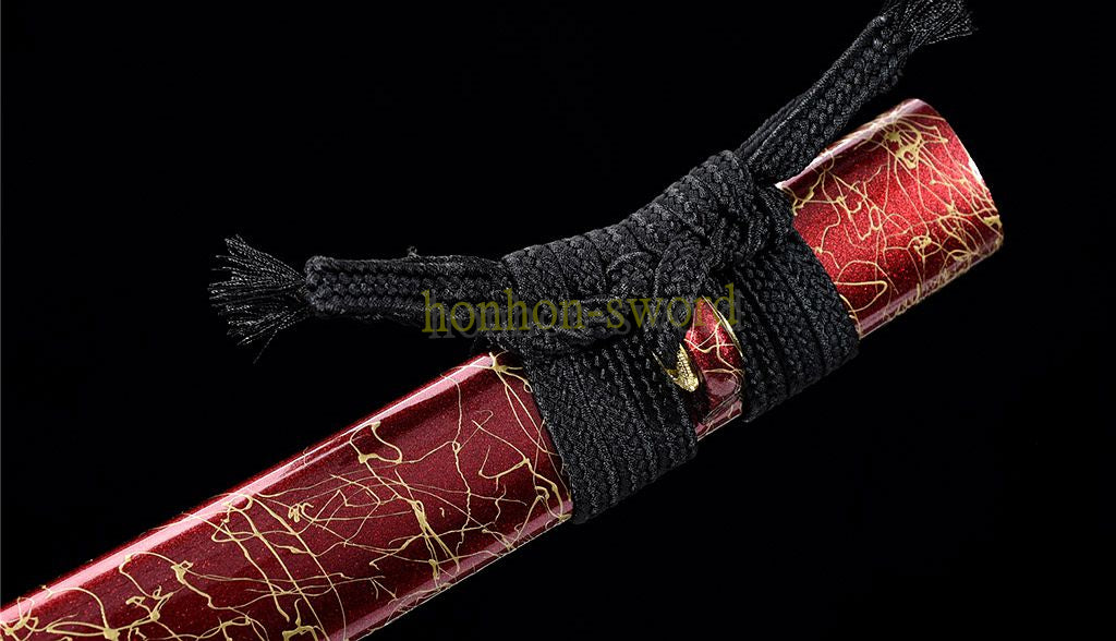 T10 Steel Clay Tempered Wakizashi Japanese Samurai Sword for Battle with Bo-hi Red