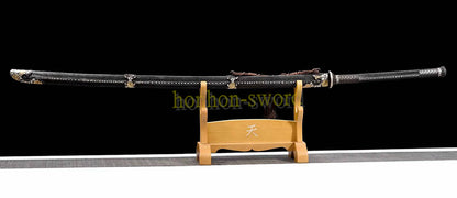 61 inch Wootz Steel Clay Tempered Miao Dao Chinese Traditional Dao Sword Full Rayskin Sheath Black