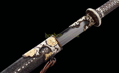 61 inch Wootz Steel Clay Tempered Miao Dao Chinese Traditional Dao Sword Full Rayskin Sheath Black
