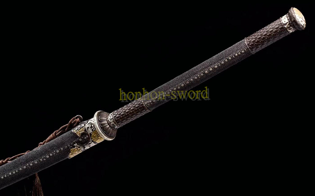 61 inch Wootz Steel Clay Tempered Miao Dao Chinese Traditional Dao Sword Full Rayskin Sheath Black