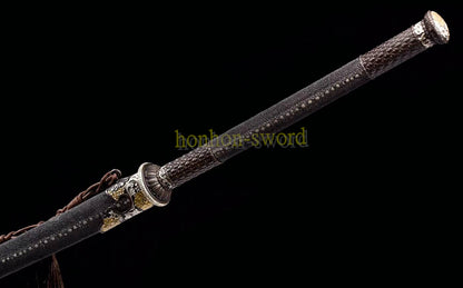 61 inch Wootz Steel Clay Tempered Miao Dao Chinese Traditional Dao Sword Full Rayskin Sheath Black