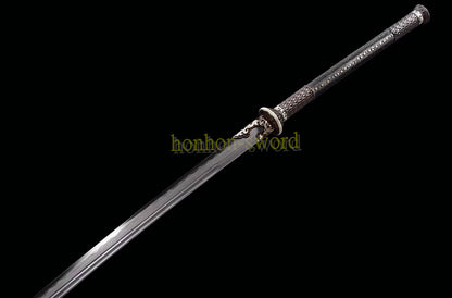 61 inch Wootz Steel Clay Tempered Miao Dao Chinese Traditional Dao Sword Full Rayskin Sheath Black