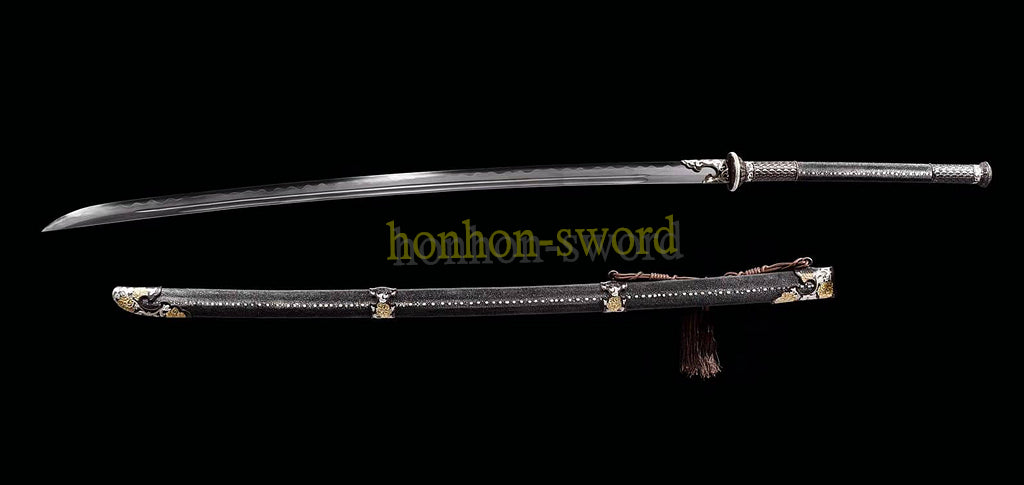 61 inch Wootz Steel Clay Tempered Miao Dao Chinese Traditional Dao Sword Full Rayskin Sheath Black