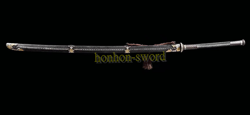 61 inch Wootz Steel Clay Tempered Miao Dao Chinese Traditional Dao Sword Full Rayskin Sheath Black
