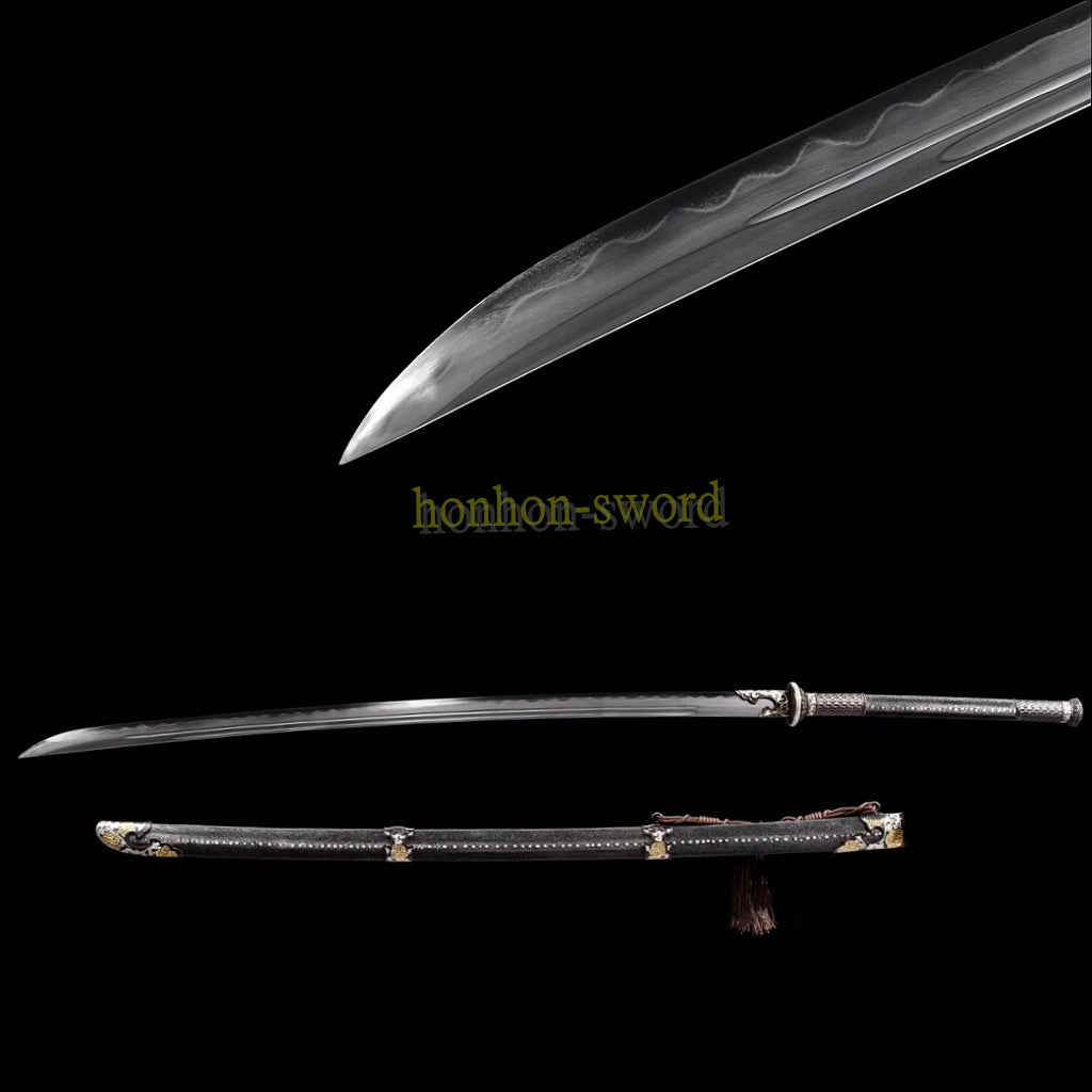 61 inch Wootz Steel Clay Tempered Miao Dao Chinese Traditional Dao Sword Full Rayskin Sheath Black