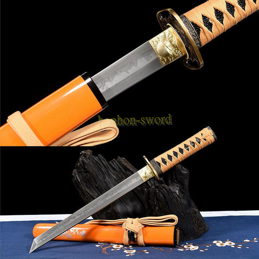 T10 Steel Clay Tempered Tanto Japanese Chokuto Samurai Short Sword KAMASU-Kissaki Gold