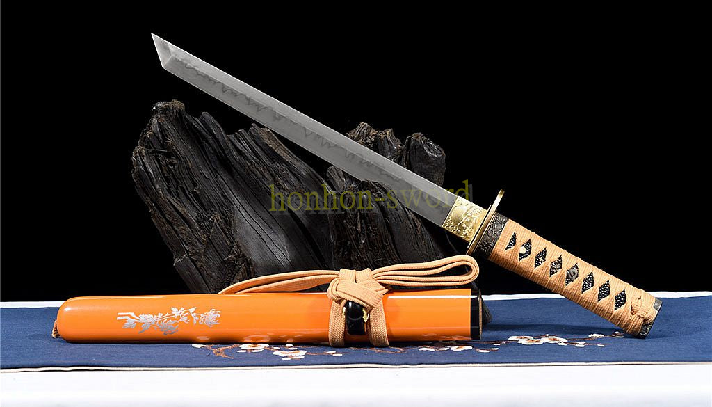 T10 Steel Clay Tempered Tanto Japanese Chokuto Samurai Short Sword KAMASU-Kissaki Gold