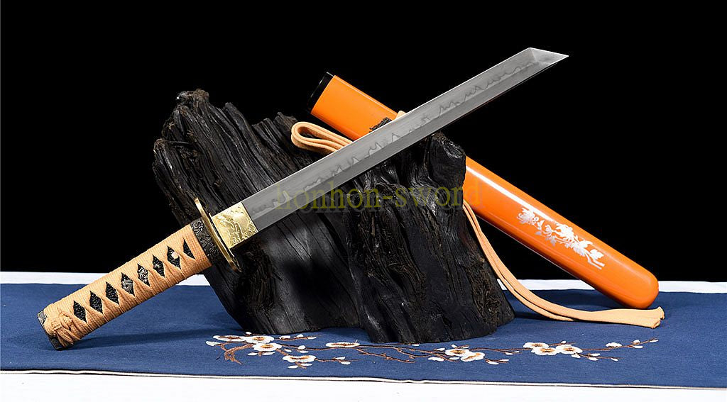 T10 Steel Clay Tempered Tanto Japanese Chokuto Samurai Short Sword KAMASU-Kissaki Gold