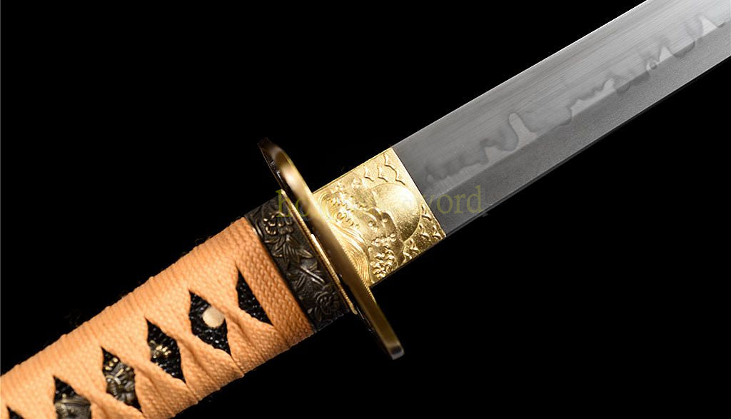 T10 Steel Clay Tempered Tanto Japanese Chokuto Samurai Short Sword KAMASU-Kissaki Gold