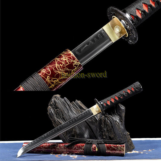 T10 Steel Clay Tempered Tanto Japanese Chokuto Samurai Short Sword Red