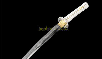 Unokubi Zukuri T10 Steel Clay Tempered Wakizashi Japanese Samurai Sword White