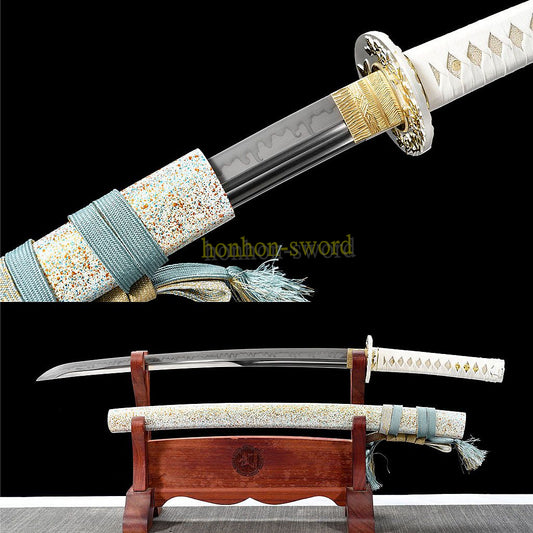 Unokubi Zukuri T10 Steel Clay Tempered Wakizashi Japanese Samurai Sword White