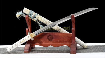 Unokubi Zukuri T10 Steel Clay Tempered Wakizashi Japanese Samurai Sword White