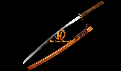 L6 Steel Clay Tempered Real Hamon Katana Japanese Samurai Sword Battle Ready Brown