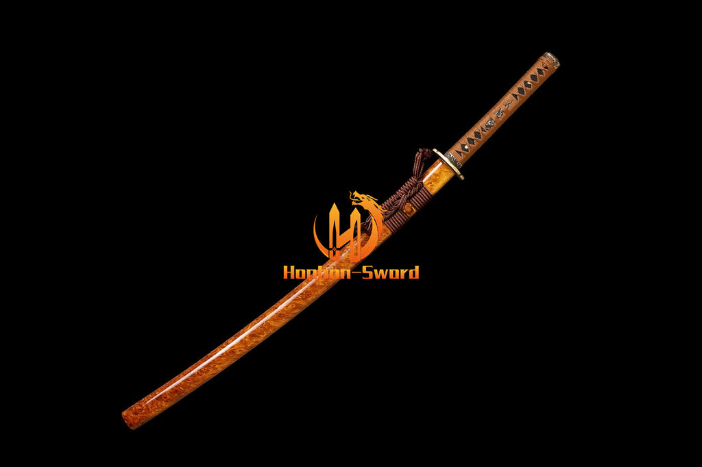 L6 Steel Clay Tempered Real Hamon Katana Japanese Samurai Sword Battle Ready Brown