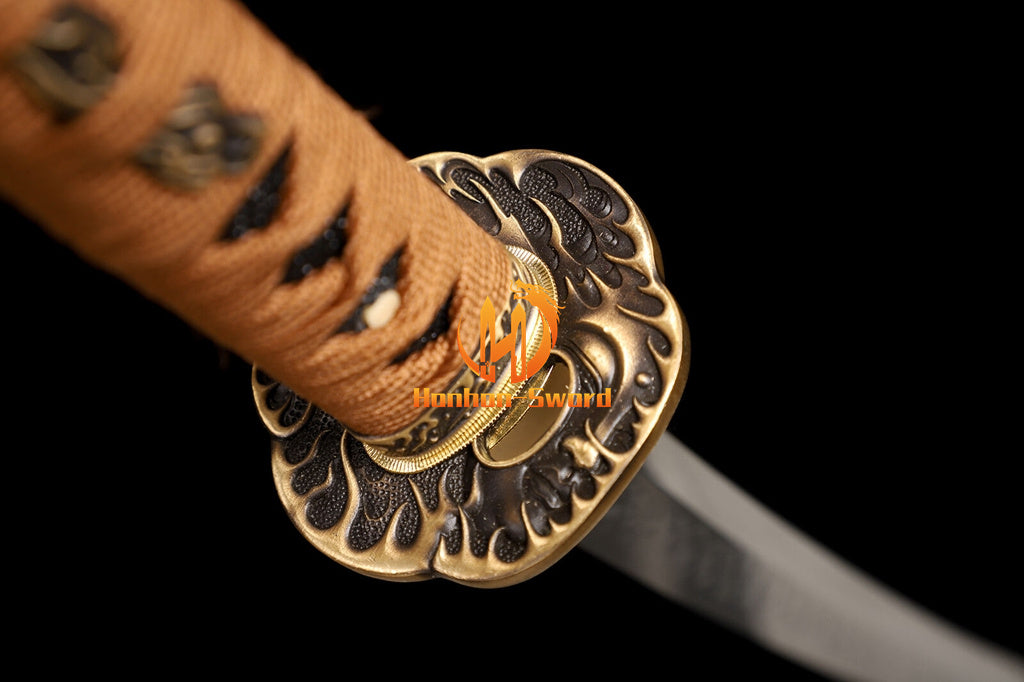 L6 Steel Clay Tempered Real Hamon Katana Japanese Samurai Sword Battle Ready Brown