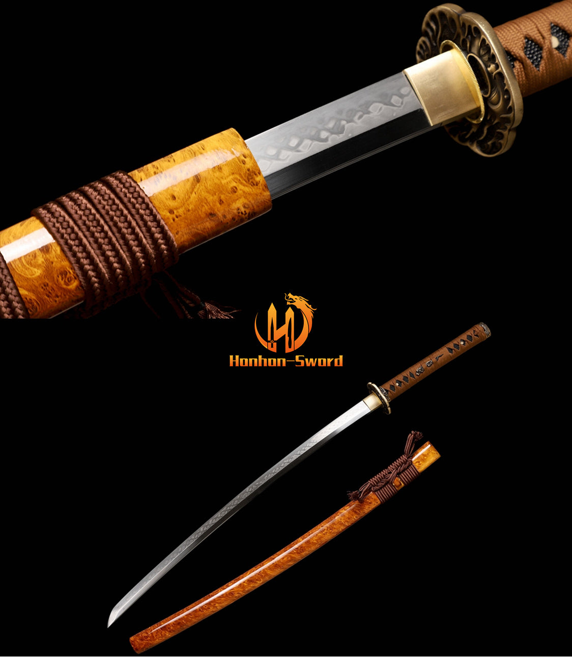 L6 Steel Clay Tempered Real Hamon Katana Japanese Samurai Sword Battle Ready Brown