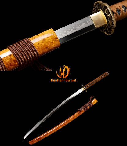 L6 Steel Clay Tempered Real Hamon Katana Japanese Samurai Sword Battle Ready Brown