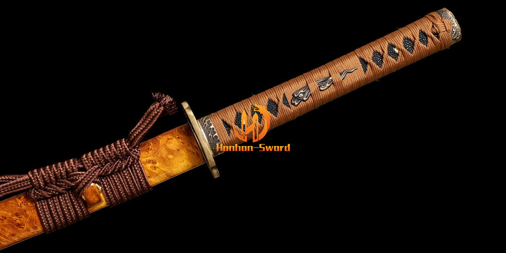 L6 Steel Clay Tempered Real Hamon Katana Japanese Samurai Sword Battle Ready Brown