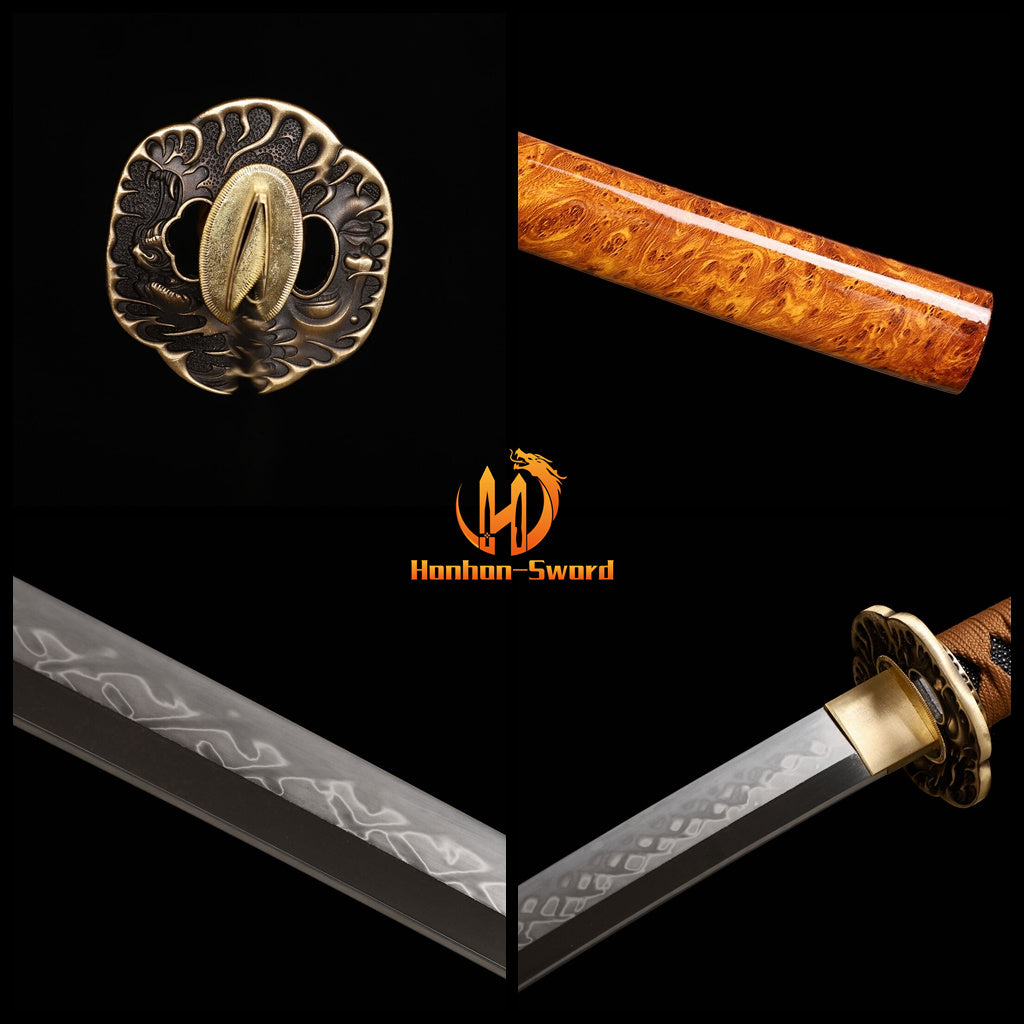L6 Steel Clay Tempered Real Hamon Katana Japanese Samurai Sword Battle Ready Brown