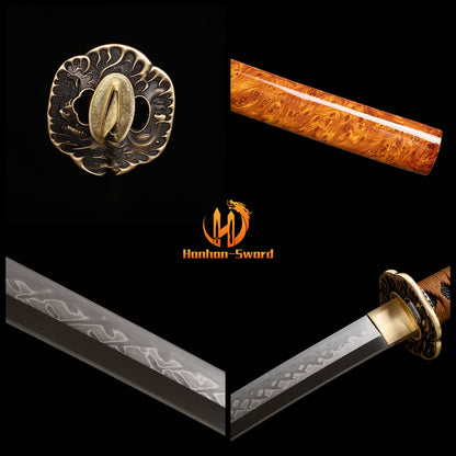 L6 Steel Clay Tempered Real Hamon Katana Japanese Samurai Sword Battle Ready Brown