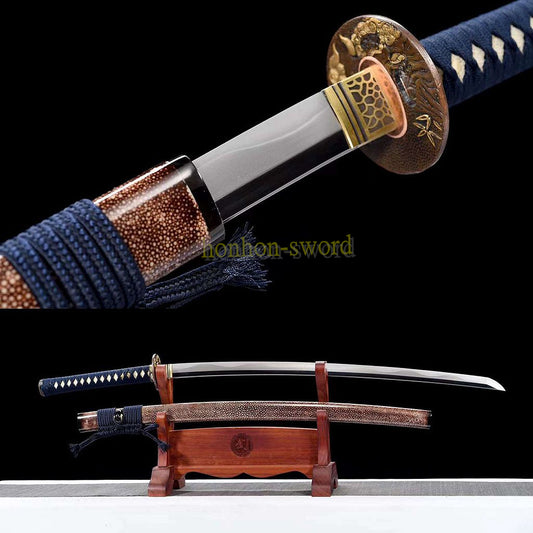 T10 Steel Clay Tempered Notare Hamon Katana Japanese Samurai Sword Full Rayskin Saya Brown