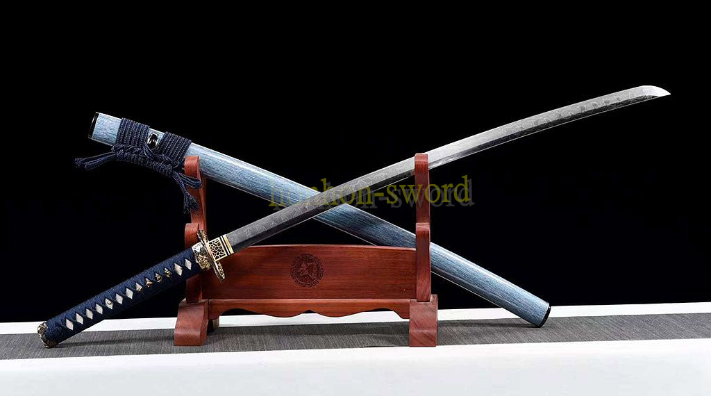 1095 Kohlenstoffstahl Katana Blaue Klinge Japanisches Samurai-Schwert Full Tang Schwarz 
