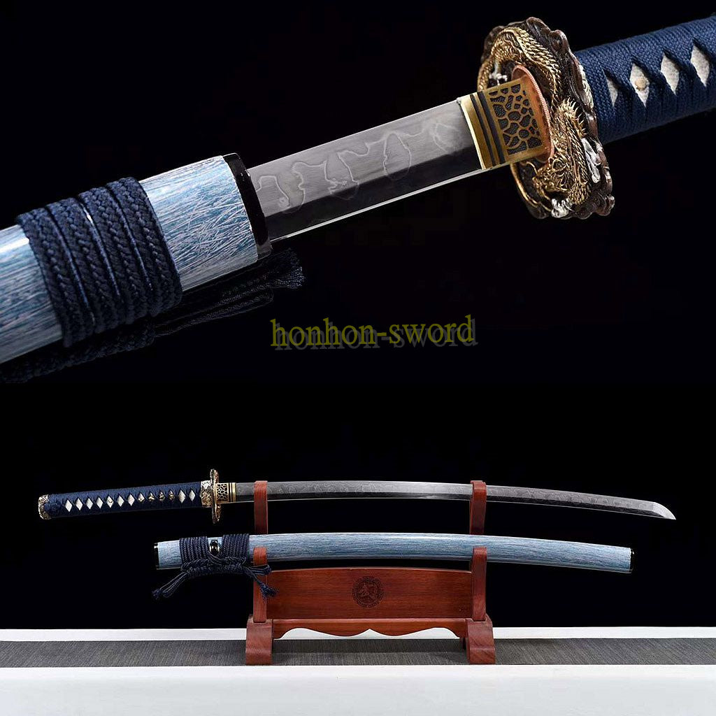 1095 Kohlenstoffstahl Katana Blaue Klinge Japanisches Samurai-Schwert Full Tang Schwarz 