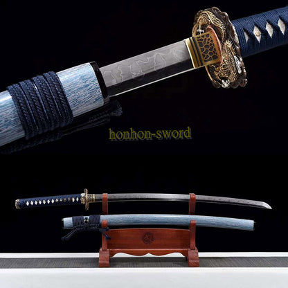 1095 Kohlenstoffstahl Katana Blaue Klinge Japanisches Samurai-Schwert Full Tang Schwarz 