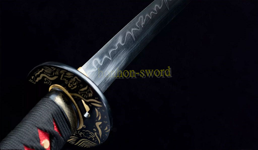 1095 Kohlenstoffstahl Katana Blaue Klinge Japanisches Samurai-Schwert Full Tang Schwarz 