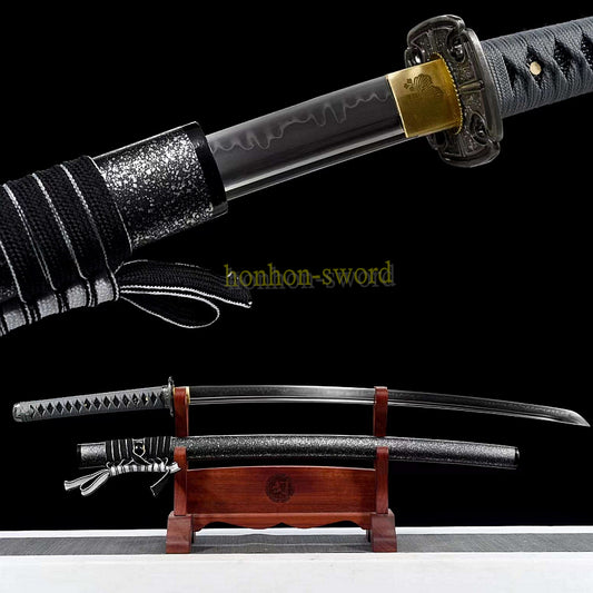 T10 Steel Clay Tempered Real Hamon Katana Japanese Samurai Sword Battle Ready Black