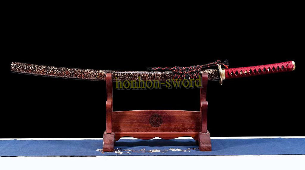 T10 Steel Clay Tempered Real Hamon Katana Japanese Samurai Sword Battle Ready Red