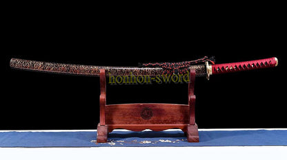 T10 Steel Clay Tempered Real Hamon Katana Japanese Samurai Sword Battle Ready Red