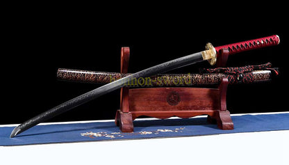T10 Steel Clay Tempered Real Hamon Katana Japanese Samurai Sword Battle Ready Red