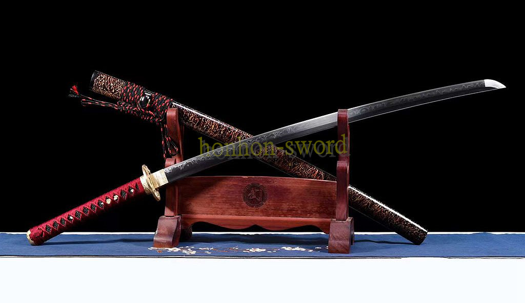 T10 Steel Clay Tempered Real Hamon Katana Japanese Samurai Sword Battle Ready Red